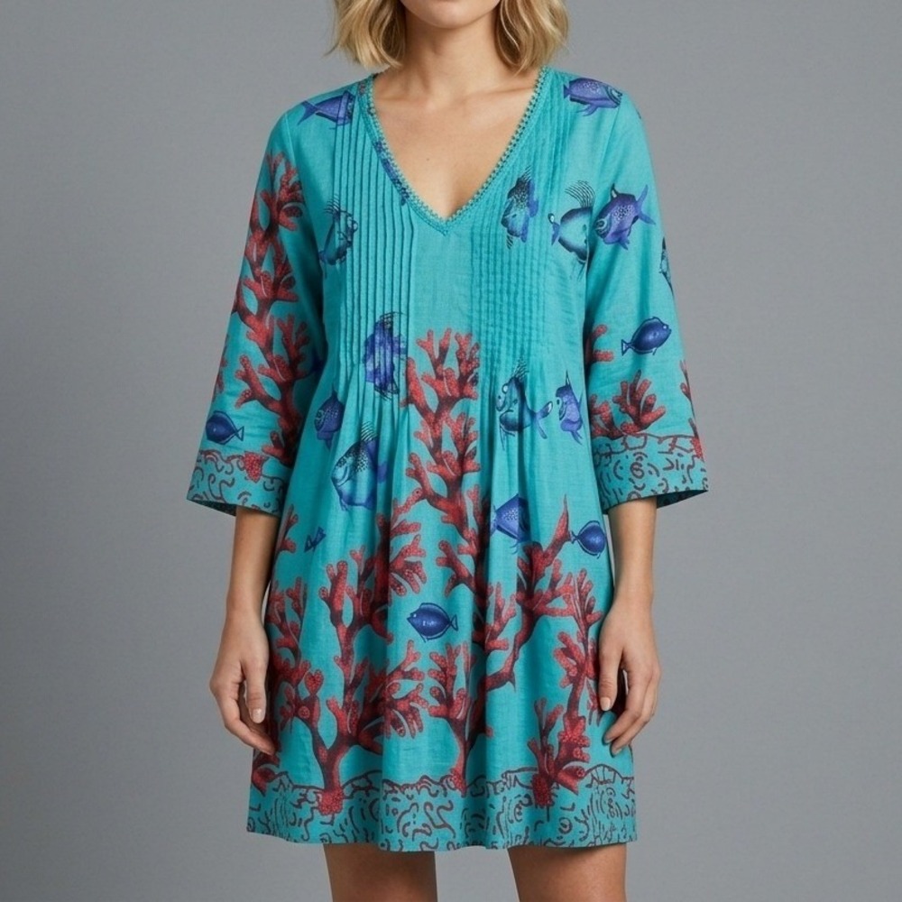 Soft Surroundings Tunic Dress Size Large Blue Coral Fish Print Pintuck Cotton
